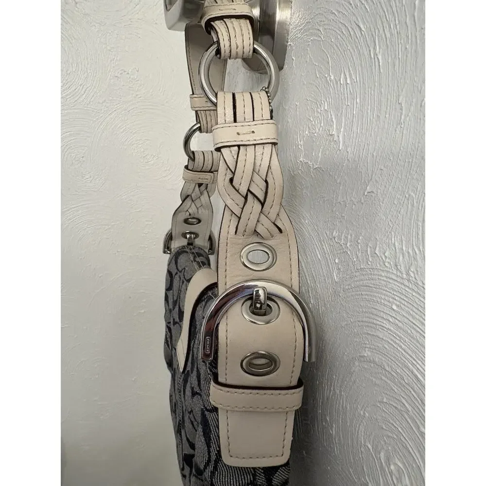 Vintage Coach Soho Pleated Hobo Blue Signature Jacquard White Leather Y2K